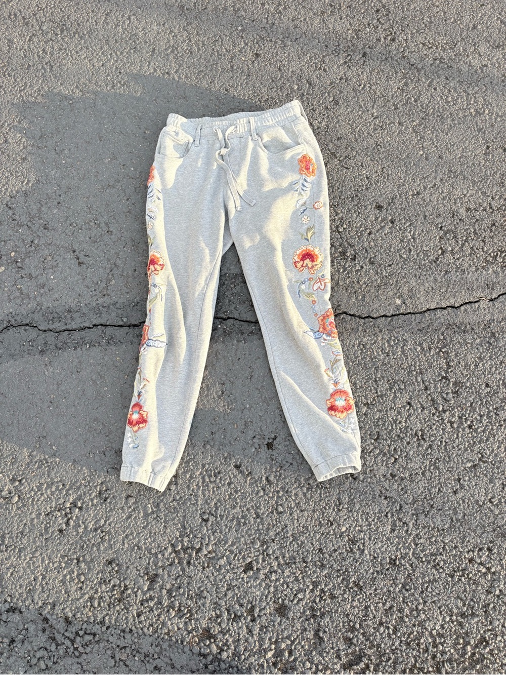 DRIFTWOOD Light Gray Embroidered Floral Jogger Jeans